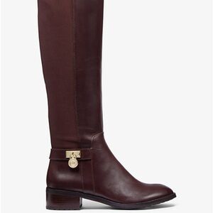 Michael Kors Hamilton Stretch Dark Brown Leather Riding Boots with Gold Accents